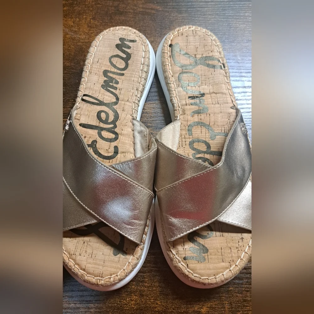 Sam Edelman Gold Leather Espadrille Slide Sandals Jen Size 9.5